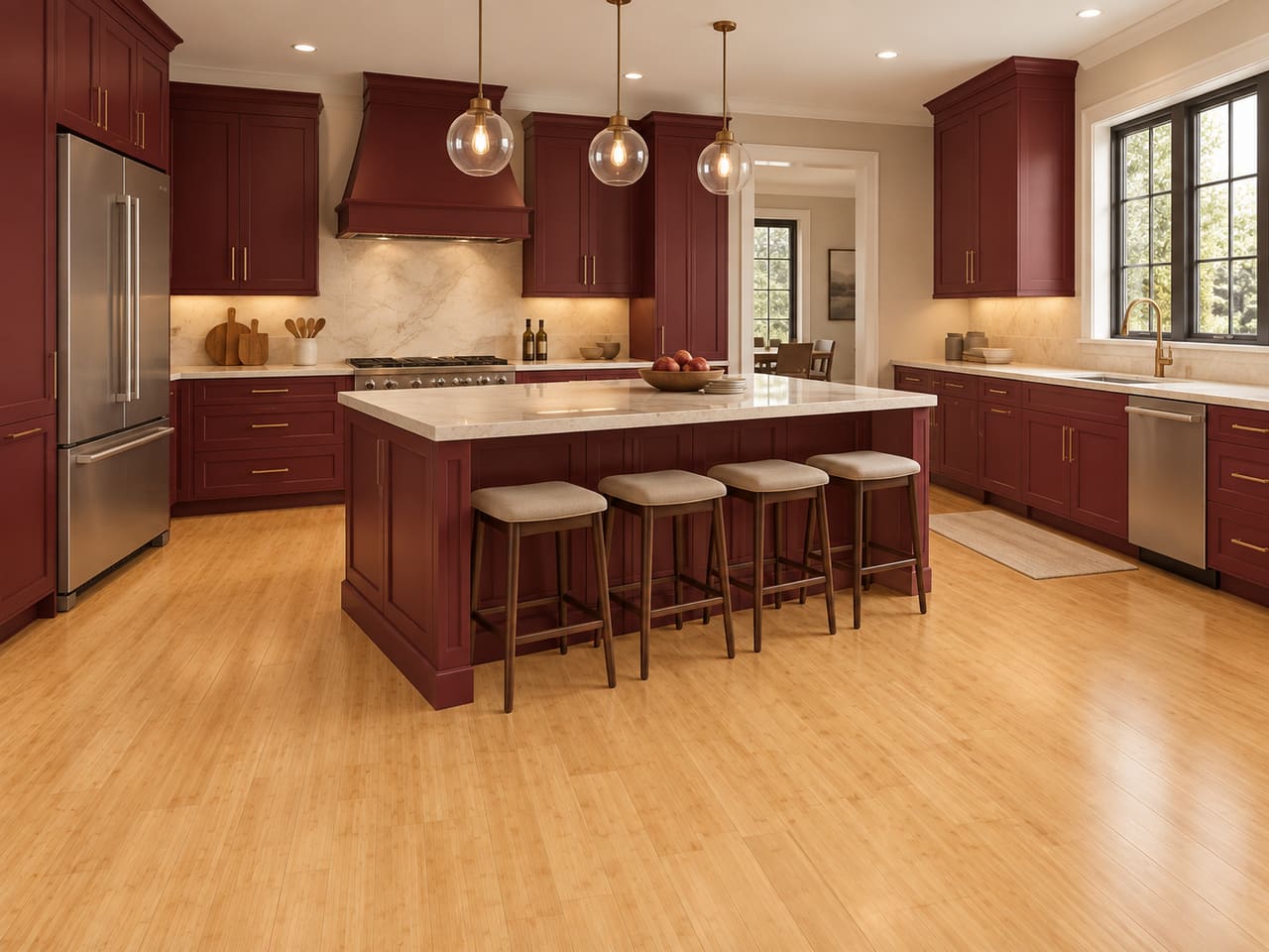 Kitchen with dark red cabinets, a marble topped island and a natural bamboo plank floor